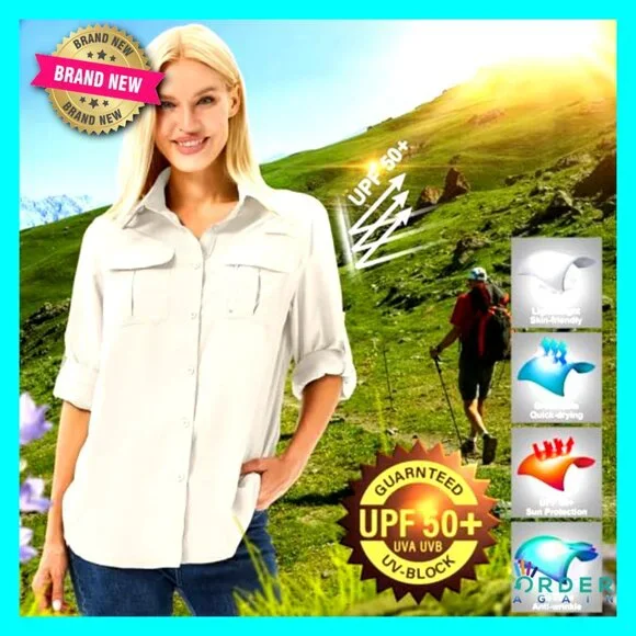 Long Sleeve Button Down UPF 50 Sun Protection Shirt Safari Hiking Fishing